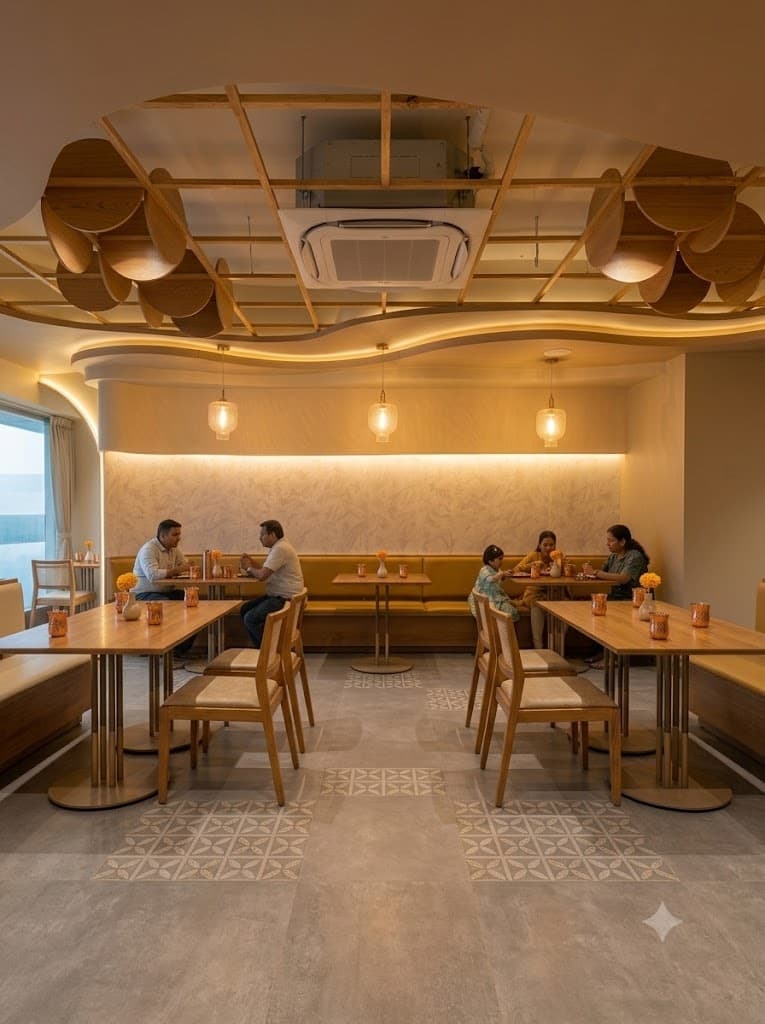 The Kaustubh dining room: wooden tables, mustard banquettes and a wave-shaped lit ceiling.