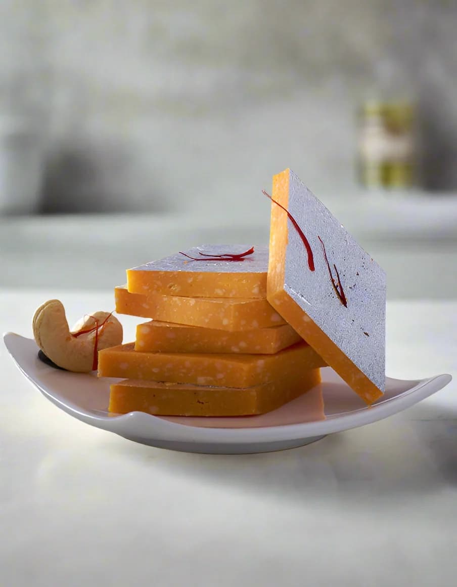 A stack of diamond-cut kaju katli with silver leaf and saffron strands.