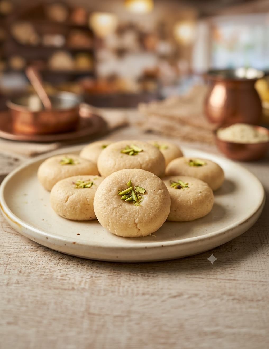 Kesar pedas pressed with pistachio, on a round plate.