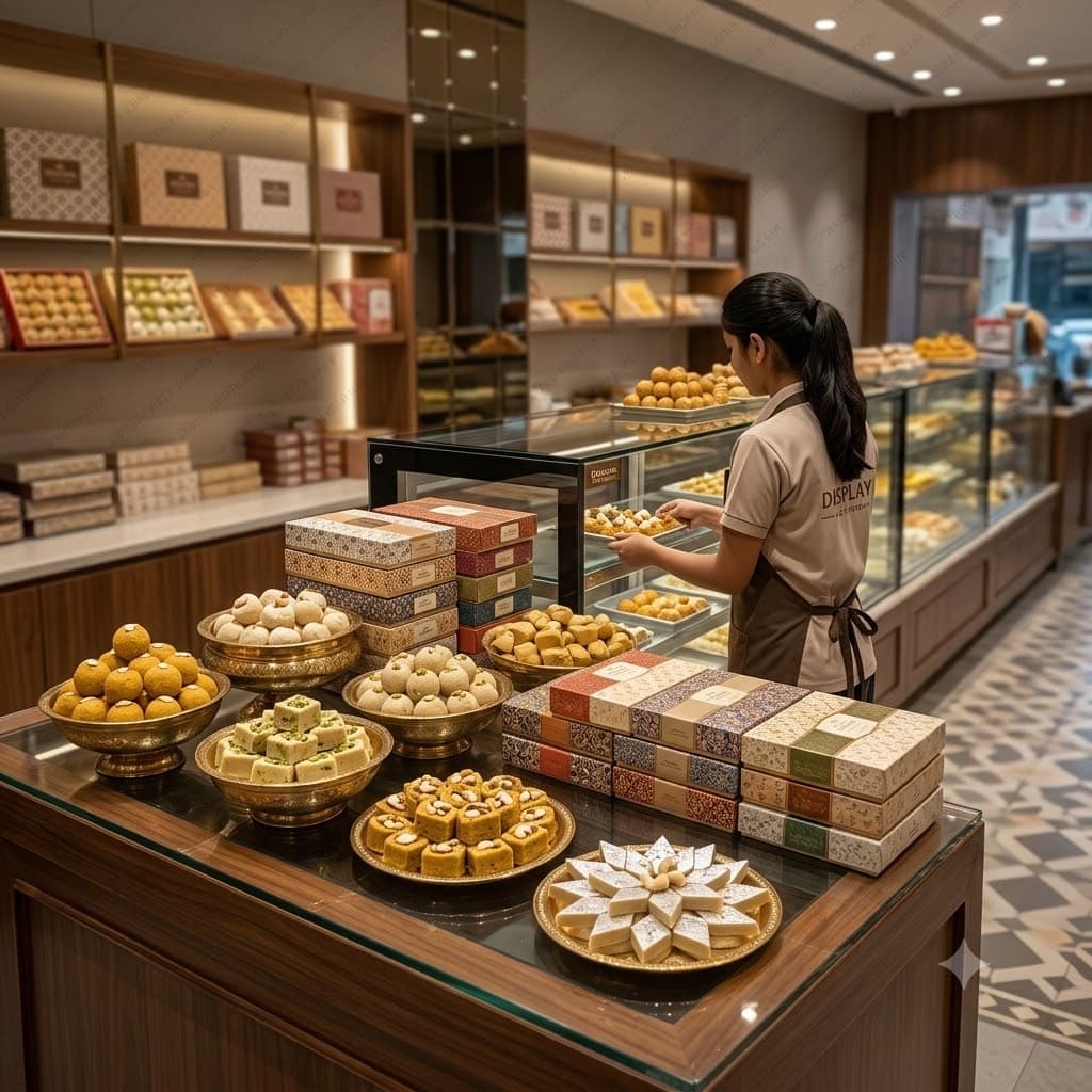 A staff member arranging trays of laddoo and barfi at the sweet counter.