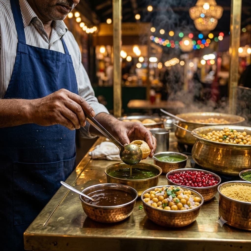 A cook ladling chutney over chaat at a busy evening counter.