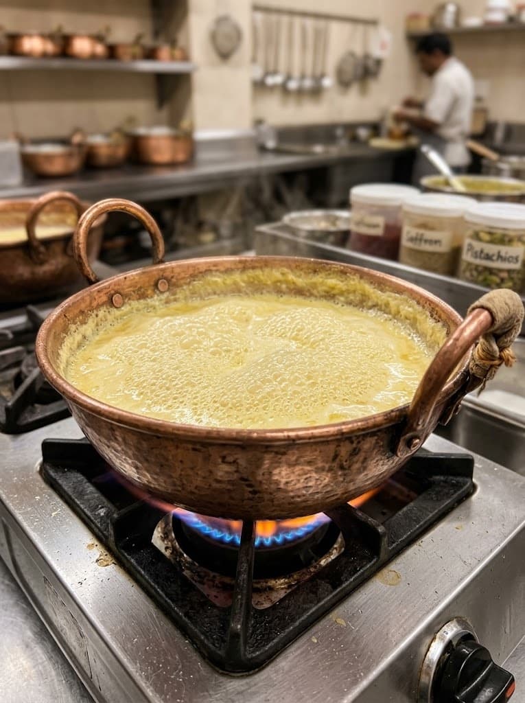 Milk reducing in a large copper kadhai over a gas flame.
