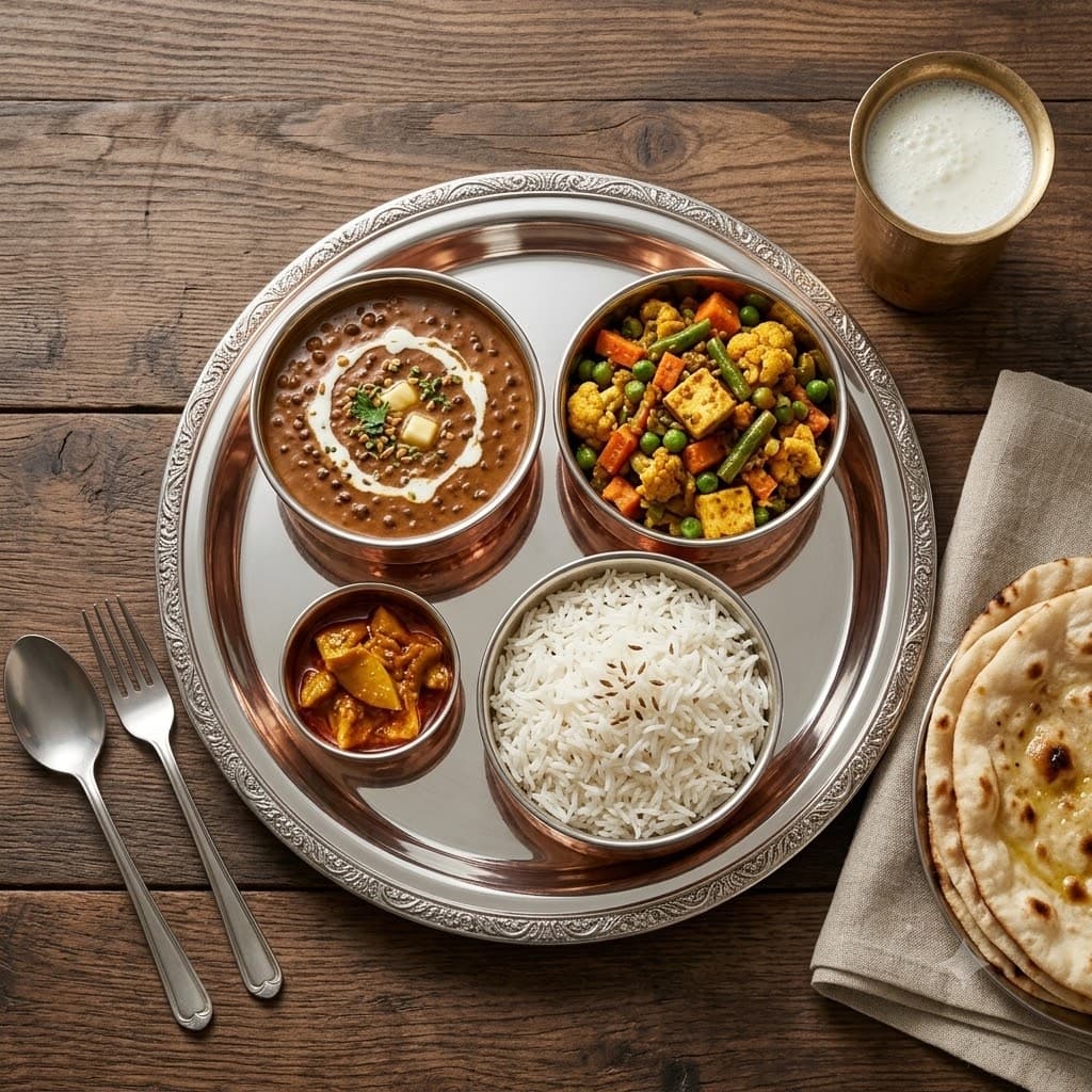 A steel thali with dal makhani, paneer, rice and naan on a wooden table.