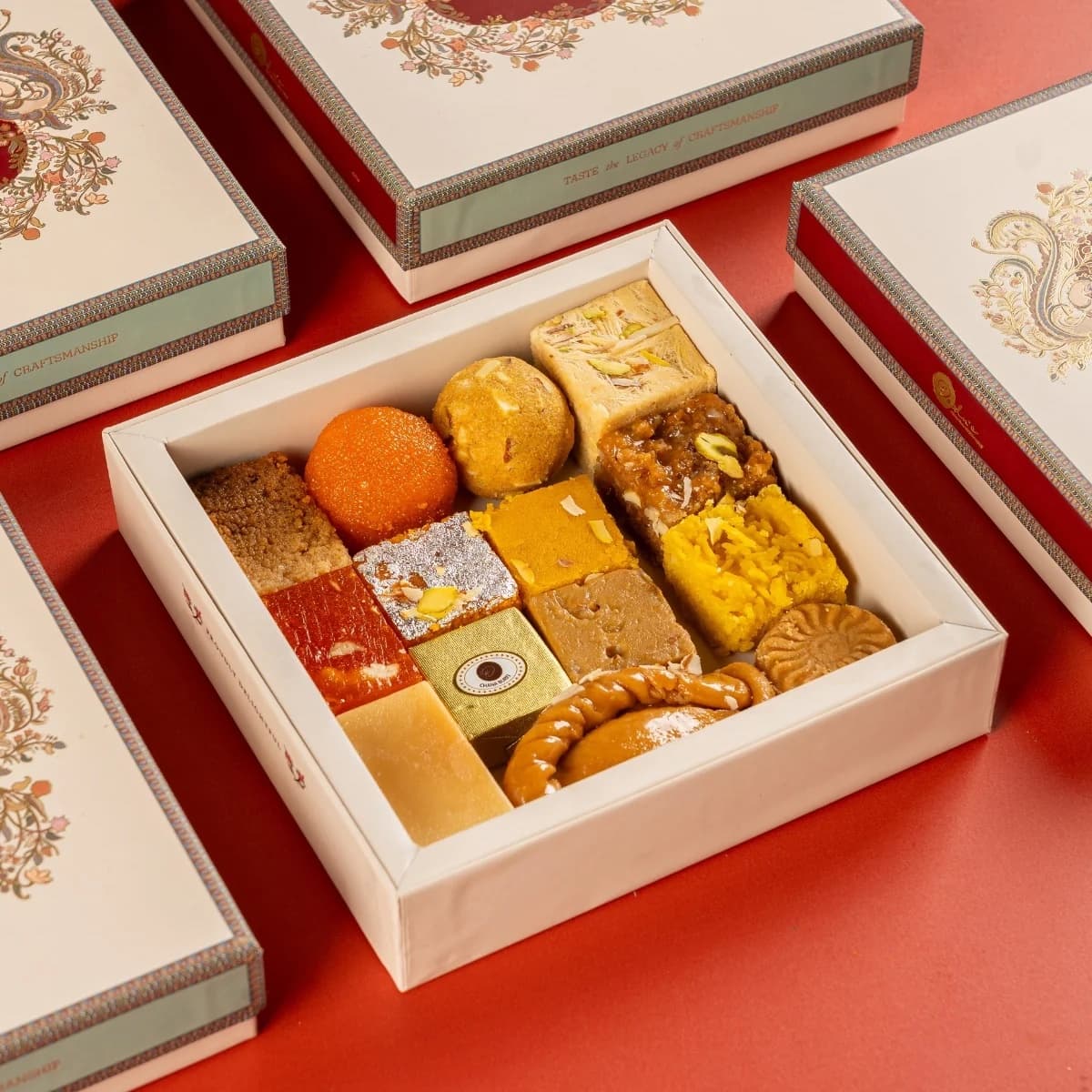 An open Kaustubh gift box of assorted mithai, surrounded by closed printed boxes on a red table.