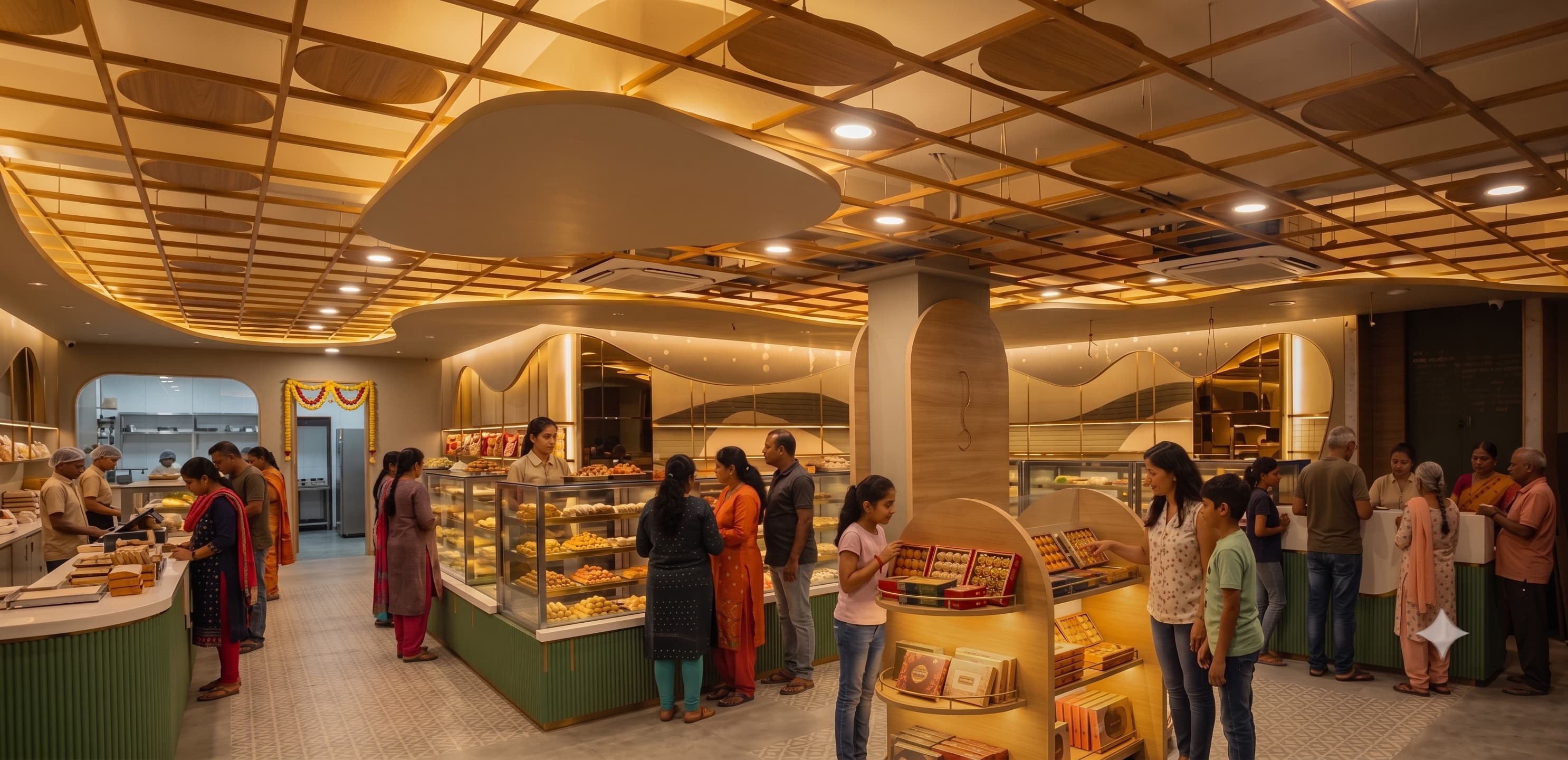 Families choosing sweets at Kaustubh's glass mithai counters under a warm, wave-patterned wooden ceiling.