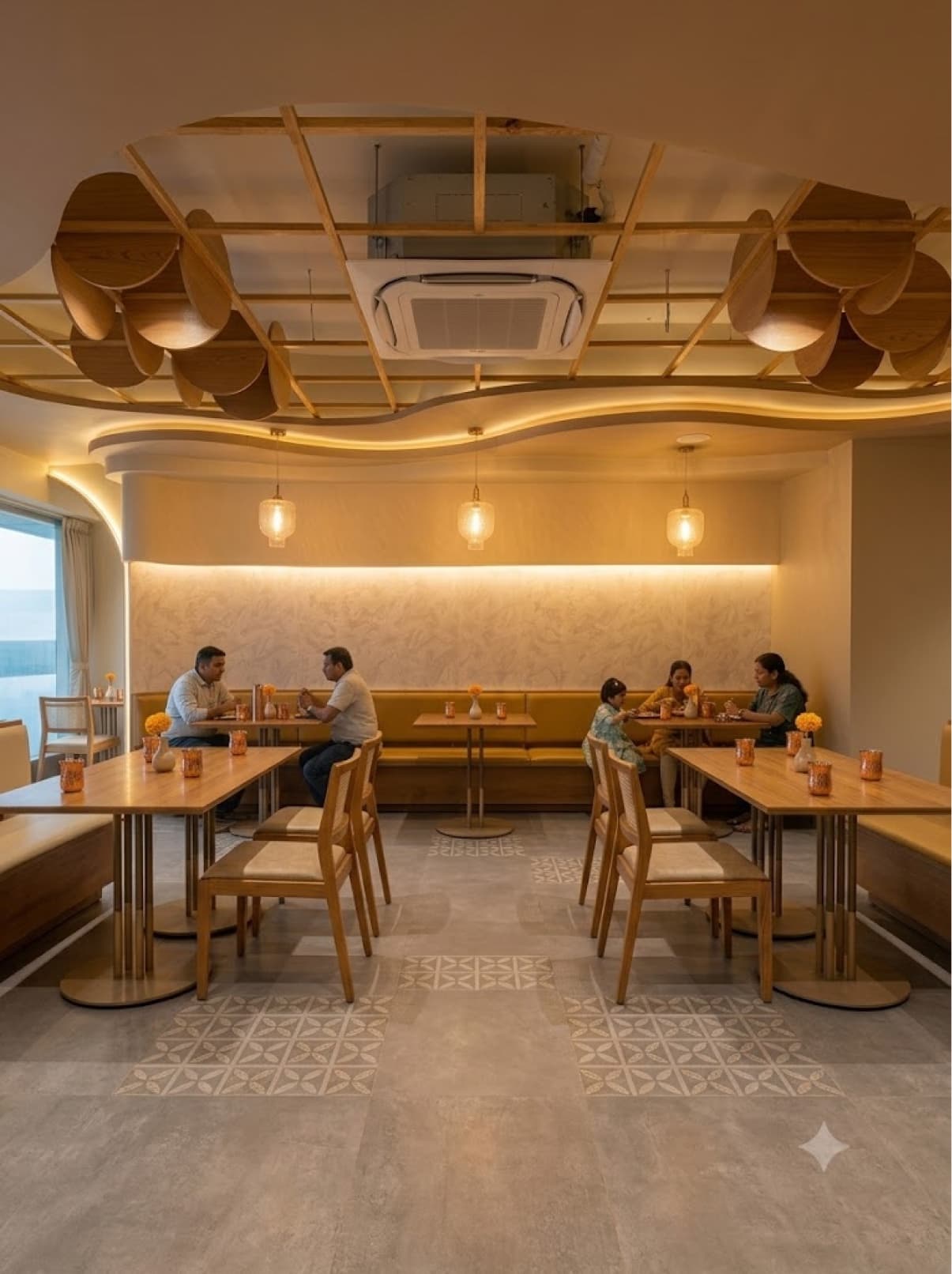 The Kaustubh dining room with wooden tables, warm pendant lights and families at dinner.