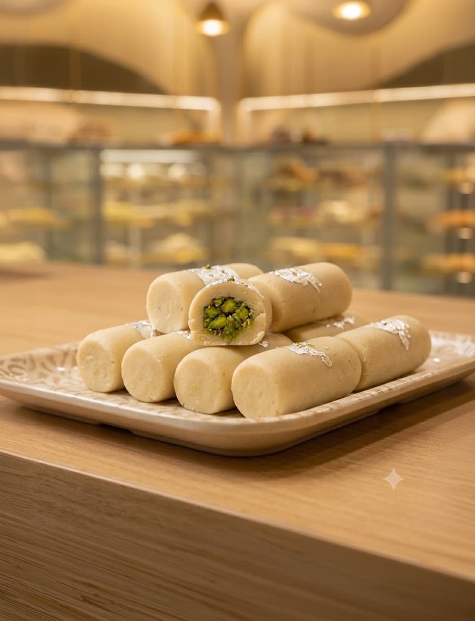 Kaju pista rolls with green pistachio centres on a white plate.