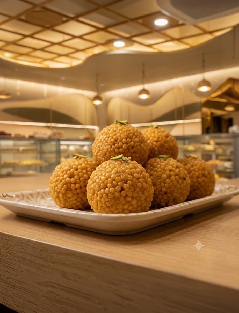Orange motichoor laddoos topped with pistachio, on a plate at the counter.